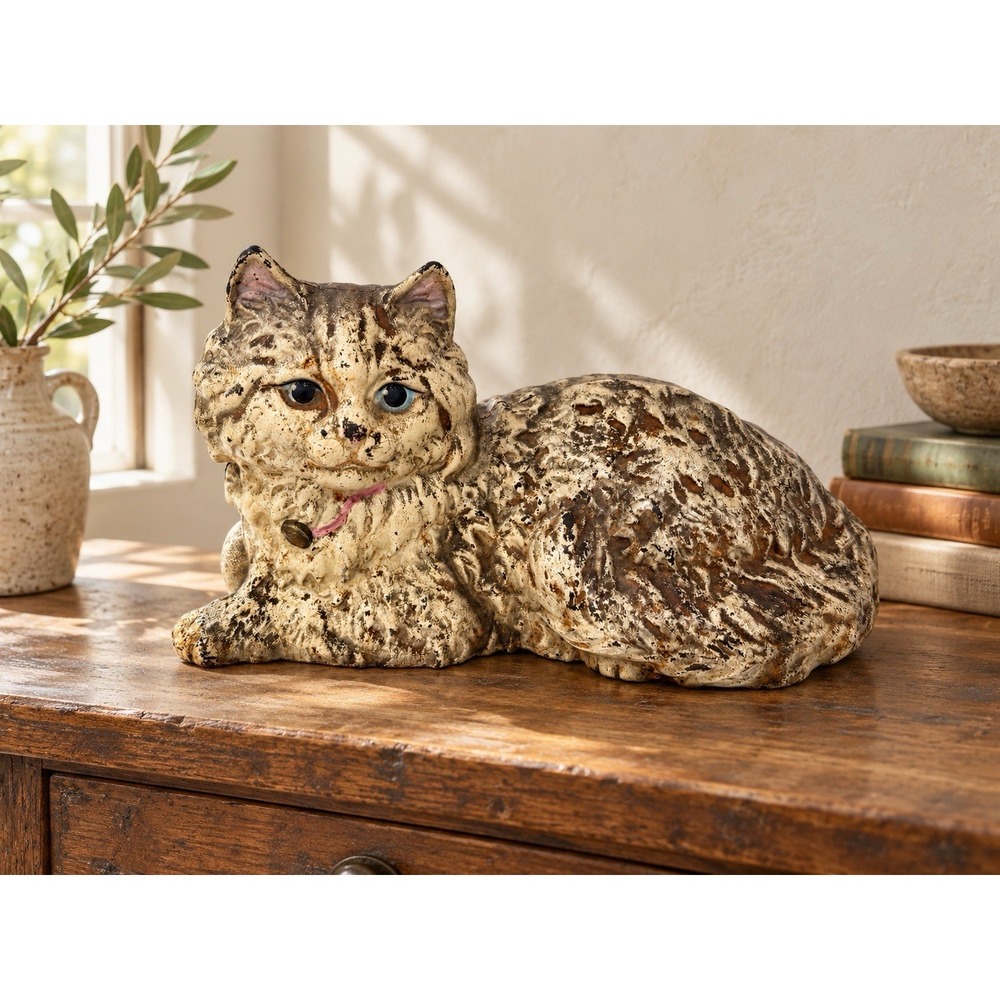 Hubley Marked Reclining Persian Cat Cast Iron Doorstop Pink Bow Painted Figurine